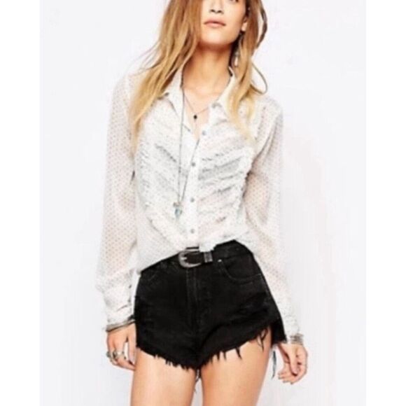 Free People White Sheer Polka Dot Tux Shirt Size M - Picture 5 of 11